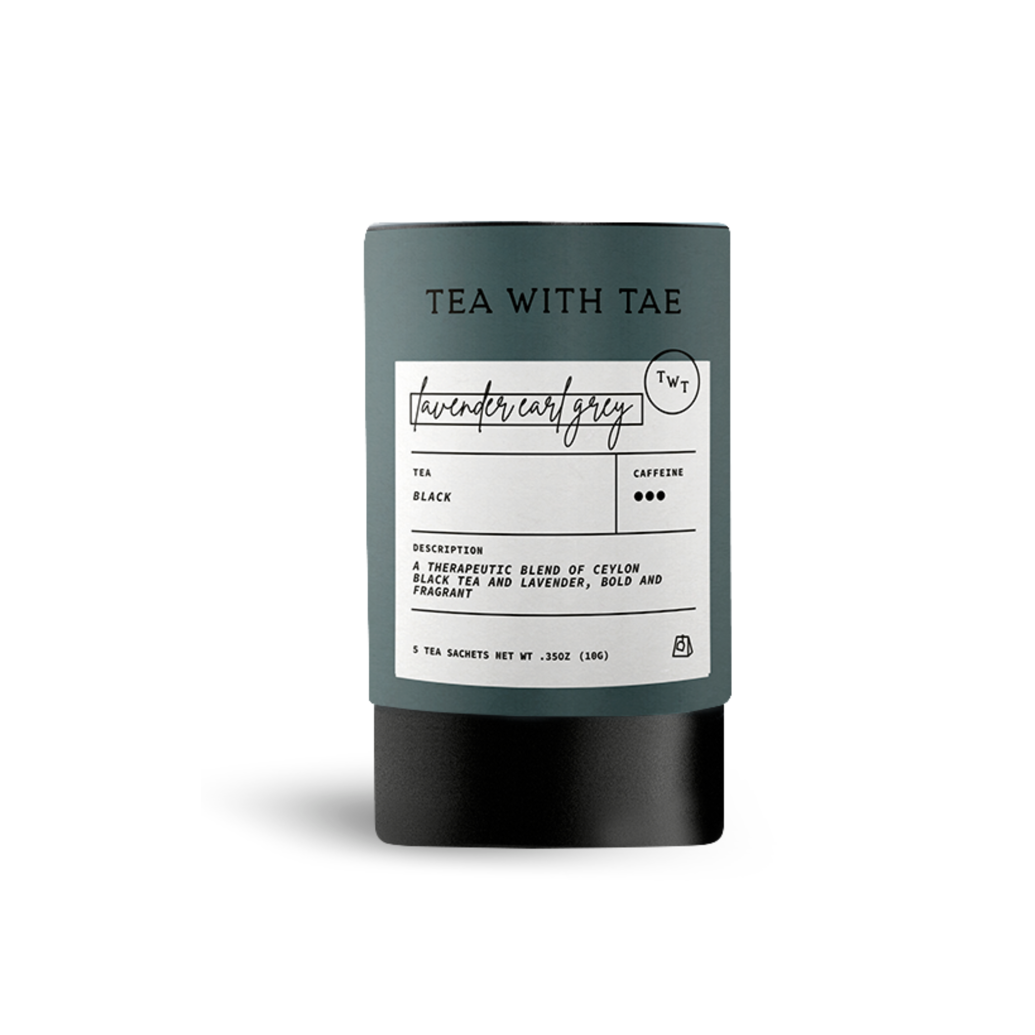 Dark gray cylindrical tea packaging labeled 'TEA WITH TAE' and 'lavender earl grey', with text describing 'Black' tea as 'a therapeutic blend of Ceylon black tea and lavender, bold and fragrant', on a white background.
