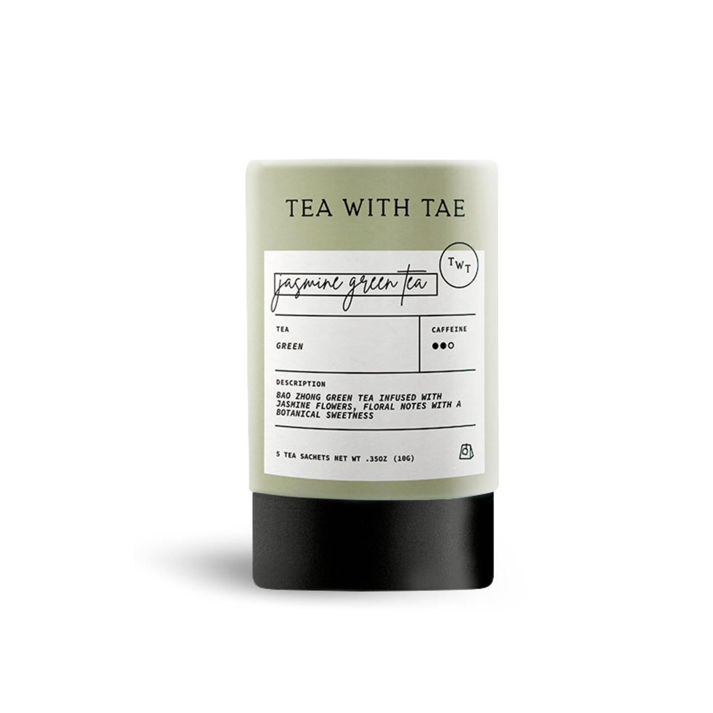 Light green cylindrical tea packaging labeled 'TEA WITH TAE' and 'jasmine green tea', with text describing 'Green' tea as 'Bao Zhong green tea infused with jasmine flowers, floral notes with a residual sweetness', on a white background.