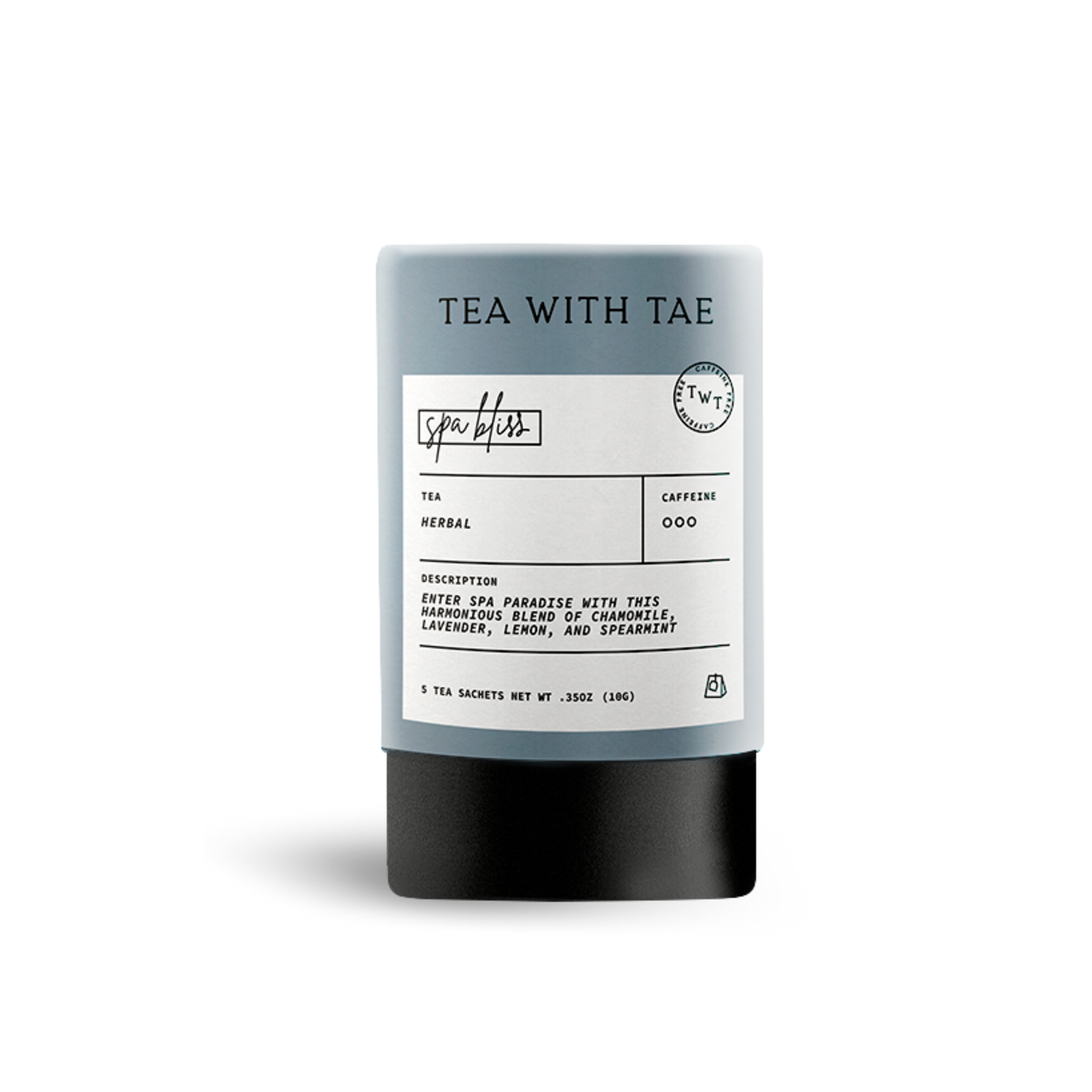 Gray cylindrical tea packaging labeled 'TEA WITH TAE' and 'spa bliss', with text describing 'Herbal' tea as 'enter spa paradise with this restorative blend of chamomile, lavender, lemon, and spearmint', on a white background.