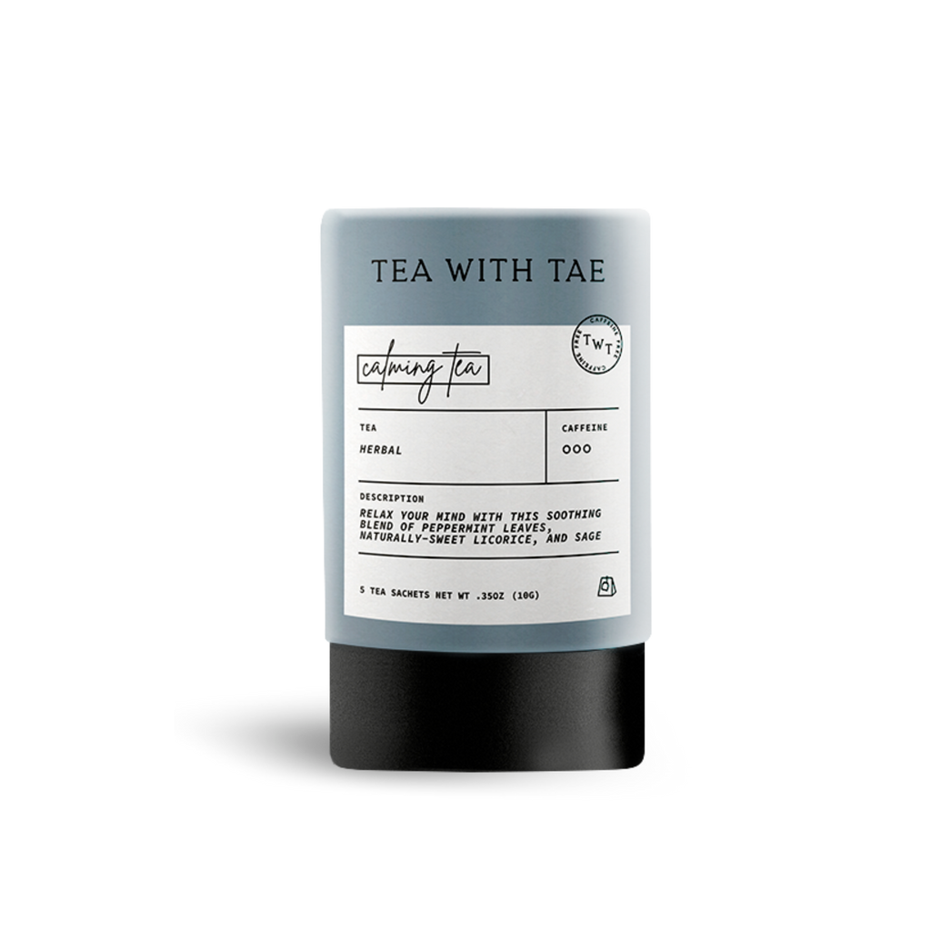 Gray cylindrical tea packaging labeled 'TEA WITH TAE' and 'calming tea', with text describing 'Herbal' tea as 'relax your mind with this soothing blend of peppermint leaves, naturally sweet licorice, and sage', on a white background.