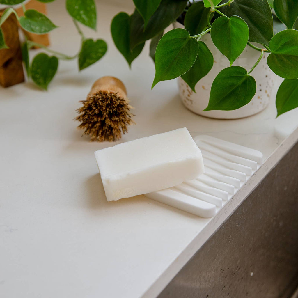 A rectangular bar of white dish soap rests on a ribbed white soap dish beside a natural wood dish brush on a clean kitchen counter. A green potted plant is visible in the background, suggesting an eco-friendly home setup.