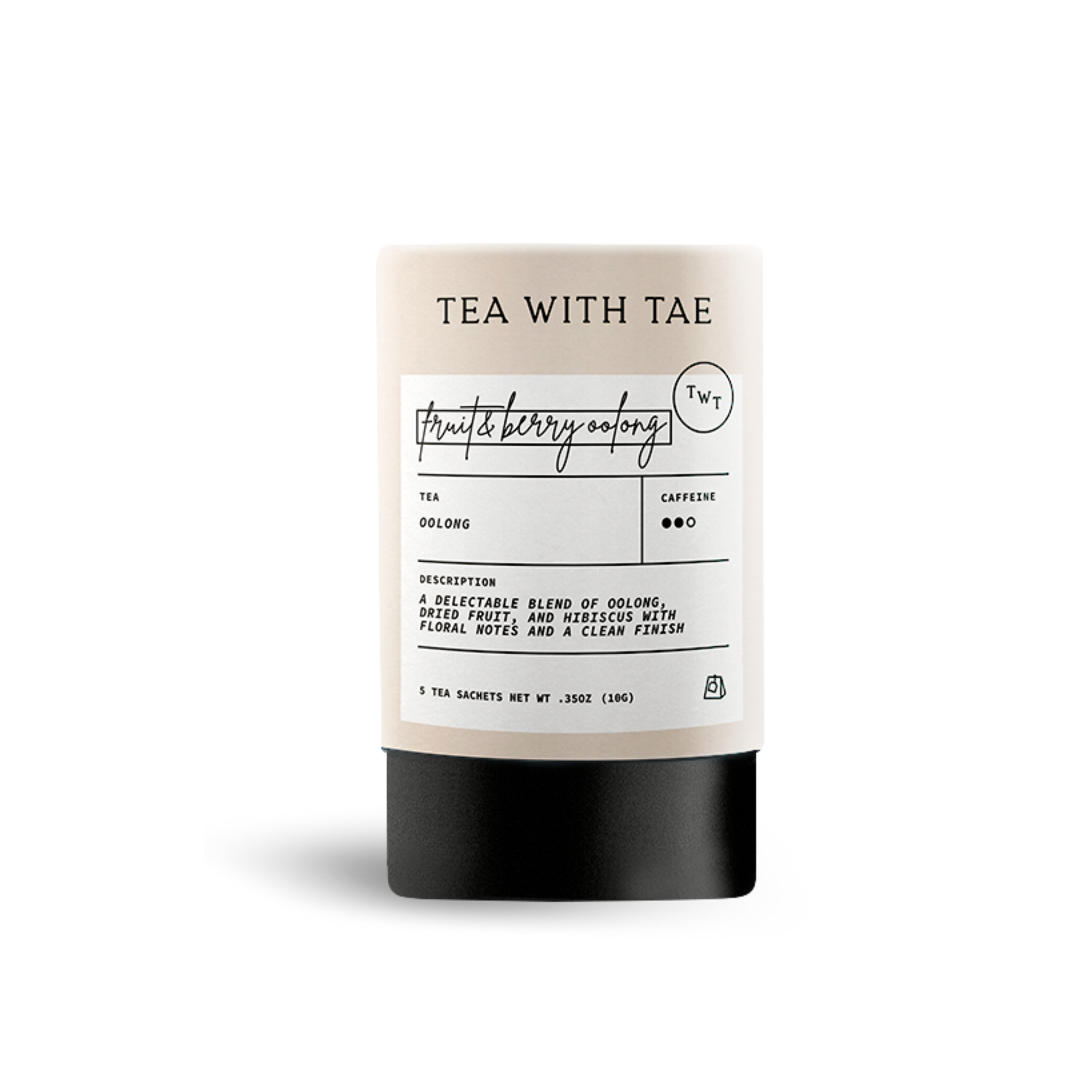 Light beige cylindrical tea packaging labeled 'TEA WITH TAE' and 'fruit & berry oolong', with text describing 'Oolong' tea as 'a delectable blend of oolongs, berries, fruit, and hibiscus with floral notes and a clean finish', on a white background.
